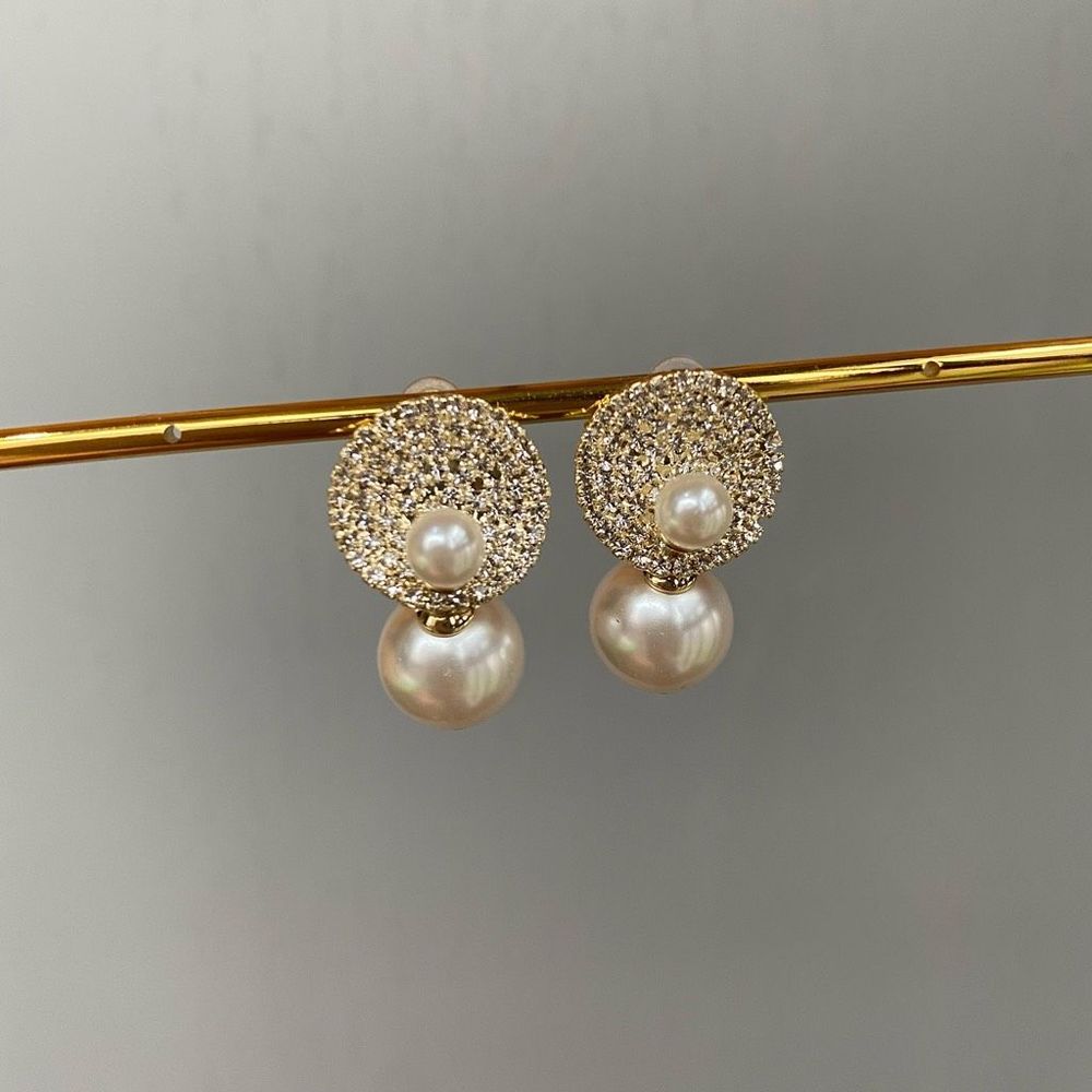 14K Gold Plated Two Way Wear Pearl Studs Pave CZ Earrings
